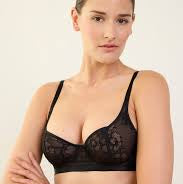 A woman modeling a black lace underwire bra against a plain light background.
