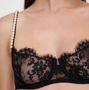 Black lace bra worn by a model against a neutral background