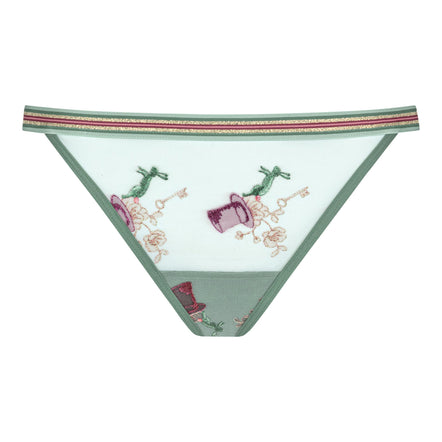 Green and white patterned underwear on a white background