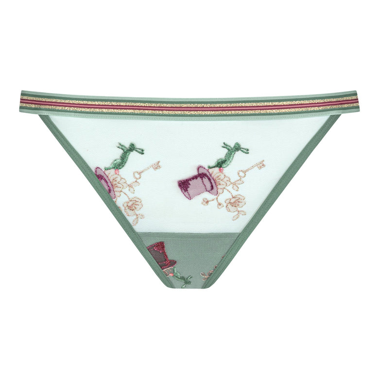 Green and white patterned underwear on a white background
