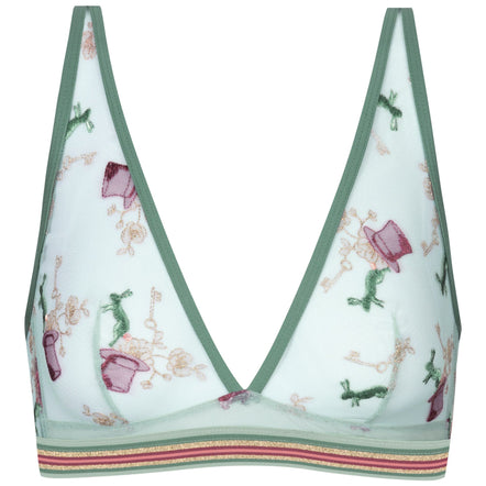Triangular bra with floral pattern on a white background