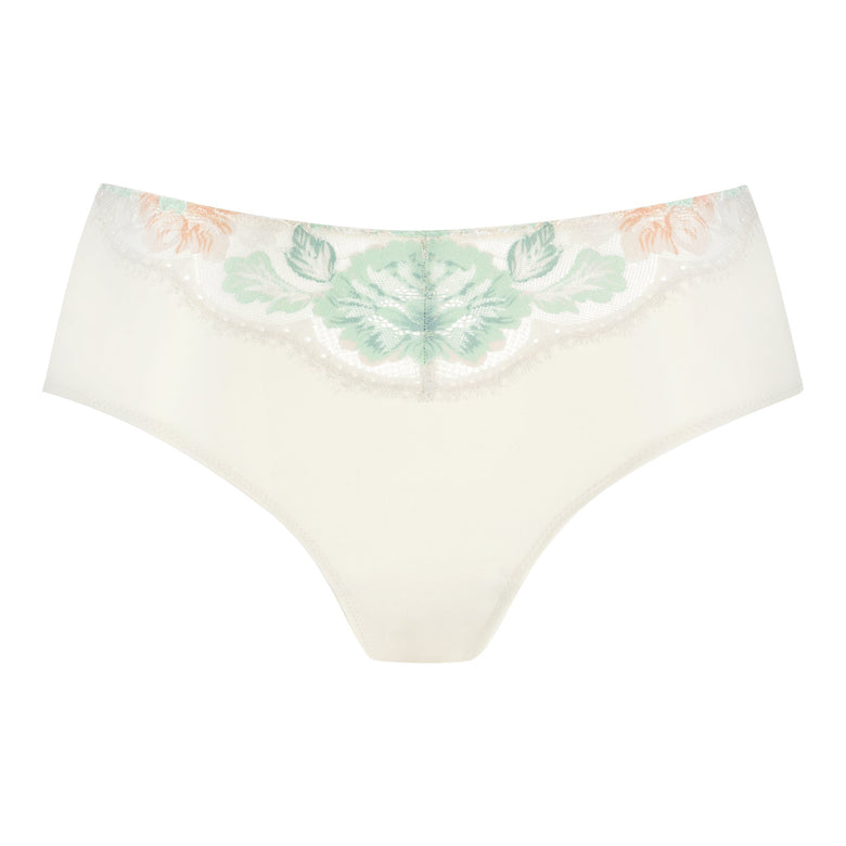 White underwear with green leaf pattern on a white background