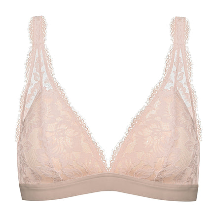 Pink lace bra on a white background