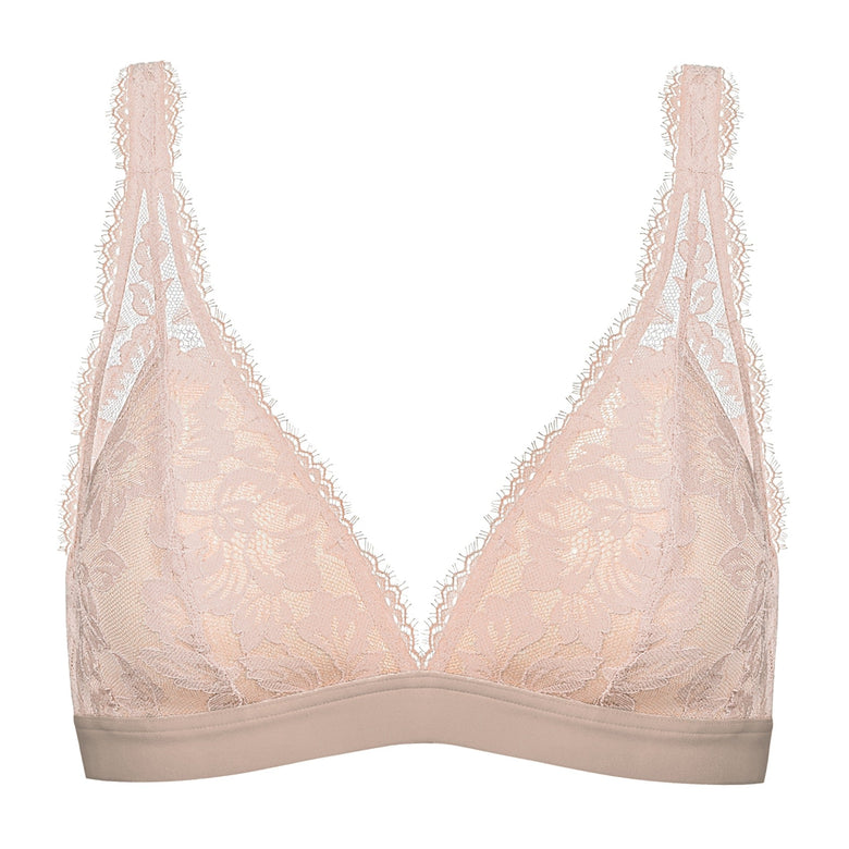 Pink lace bra on a white background