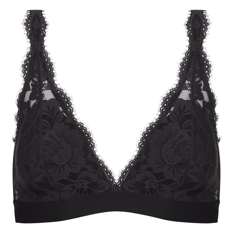 Black lace bra on a white background