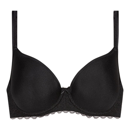 Black bra with lace trim on a white background