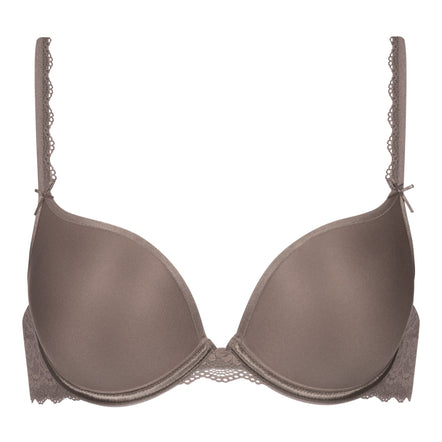 Brown bra with lace trim on a white background