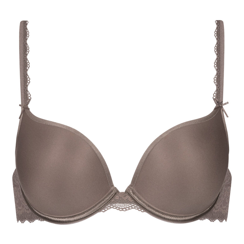 Brown bra with lace trim on a white background