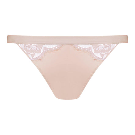Beige lace thong on a white background