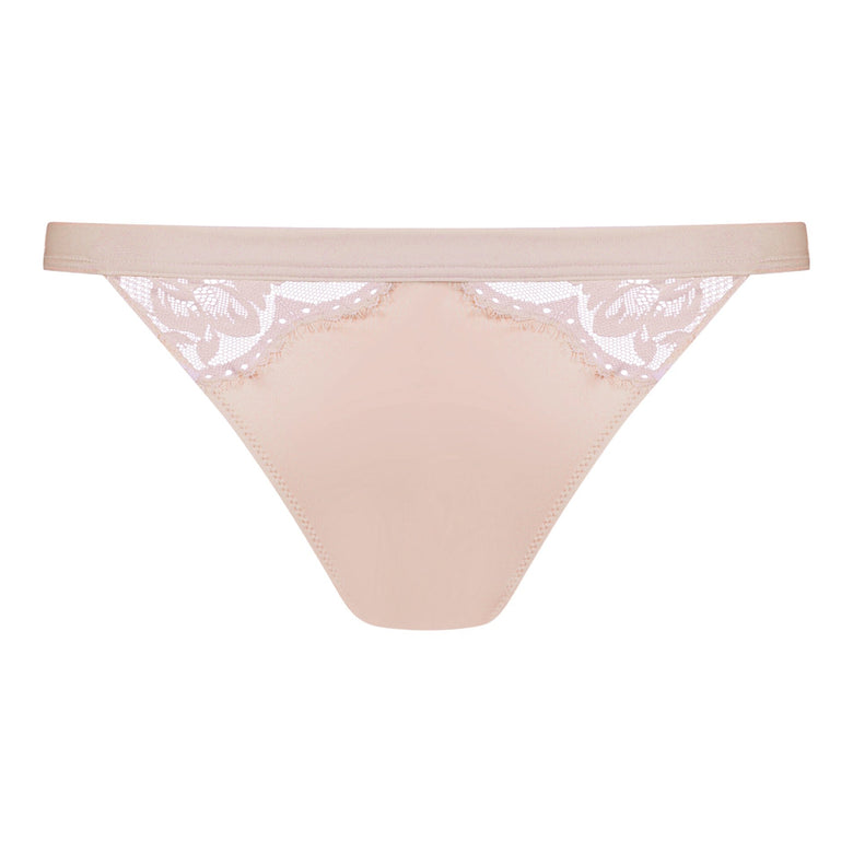 Beige lace thong on a white background