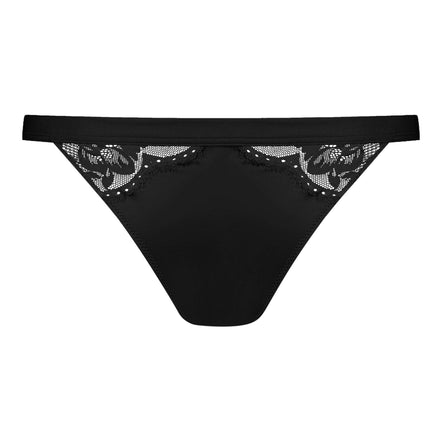 Black lace-trimmed thong on a white background