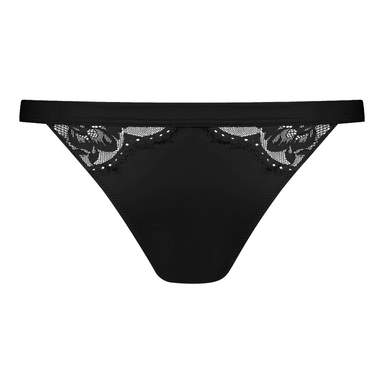 Black lace-trimmed thong on a white background