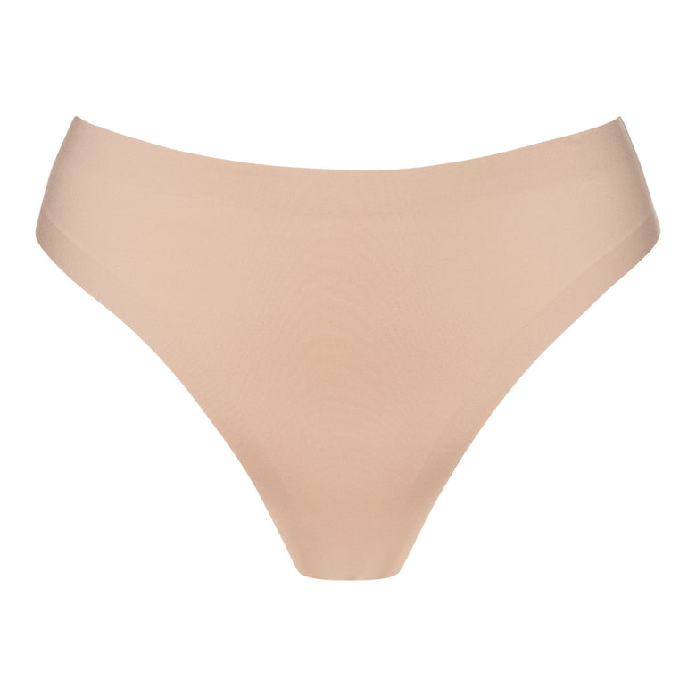 Beige high-waisted bikini bottom on a white background