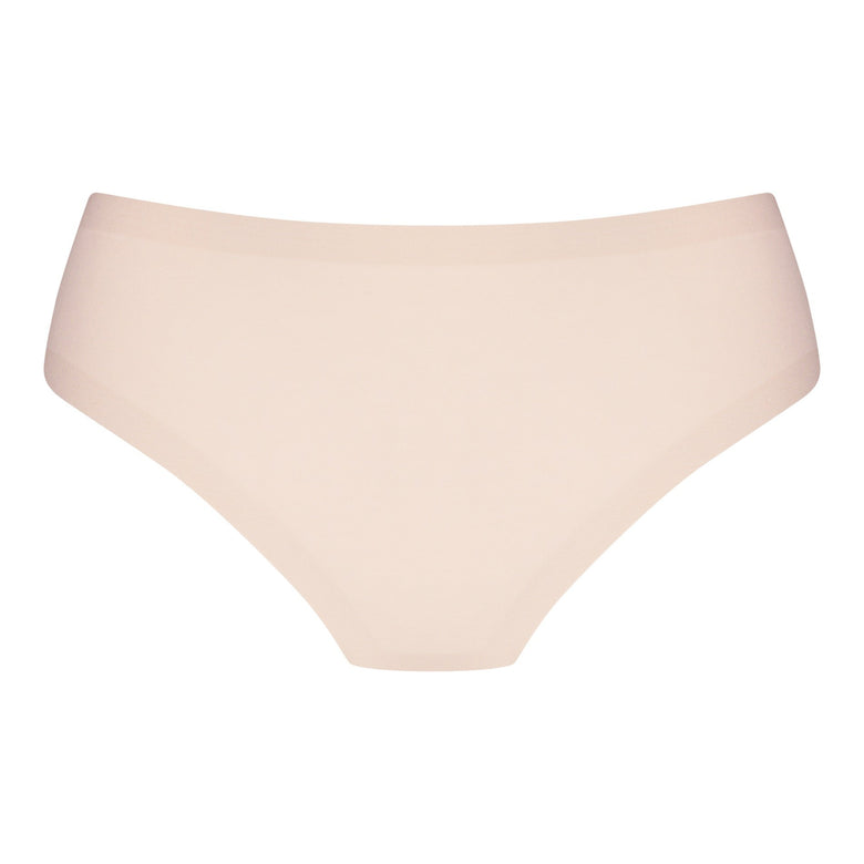 Beige high-waisted bikini bottom on a white background