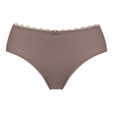 Brown underwear with lace trim on a white background