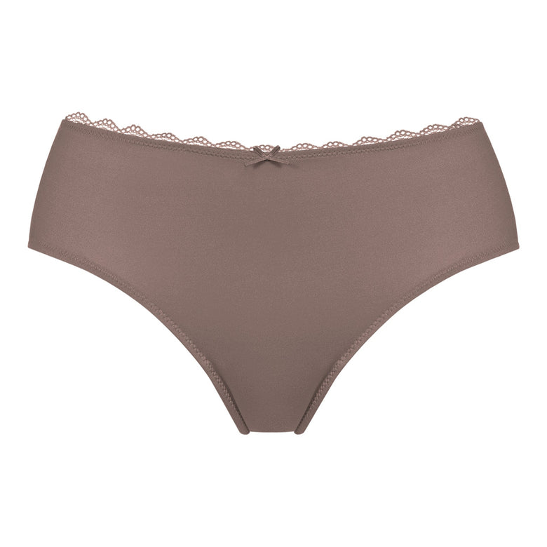 Brown underwear with lace trim on a white background