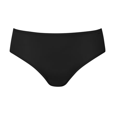 Black high-waisted bikini bottom on a white background