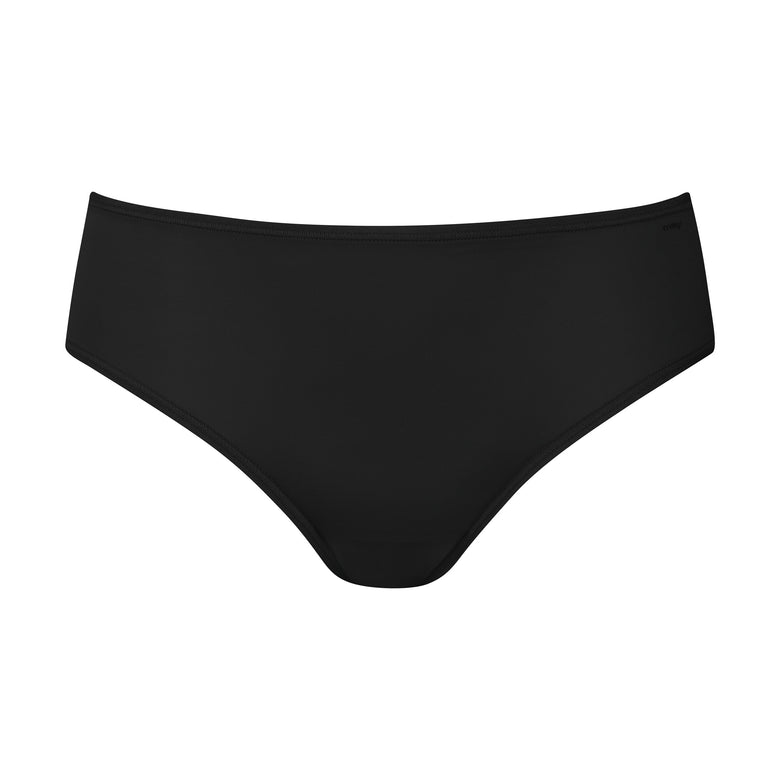 Black high-waisted bikini bottom on a white background