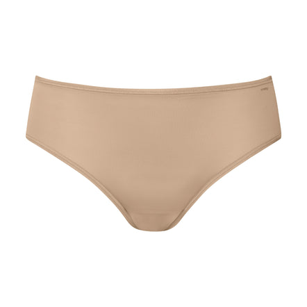 Beige high-waisted bikini bottom on a white background