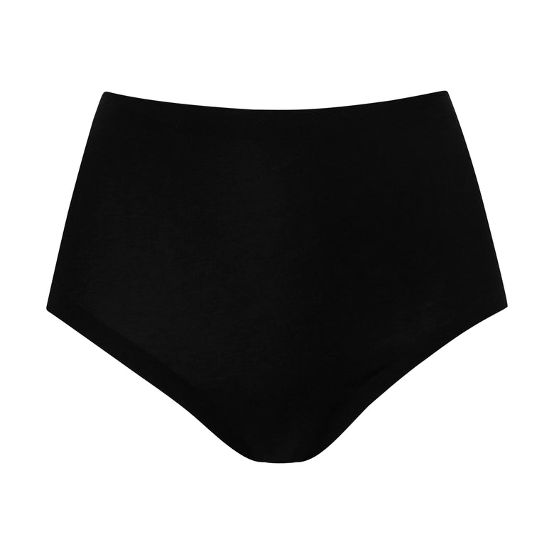 Black high-waisted bikini bottom on a white background