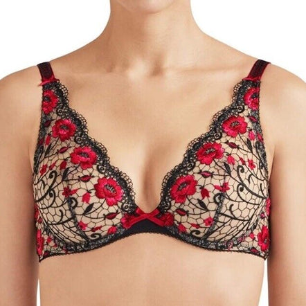 Lace bra with red floral design on a white background