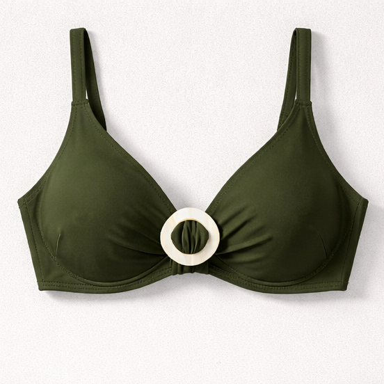 Green bikini top with a circular ring design on a white background