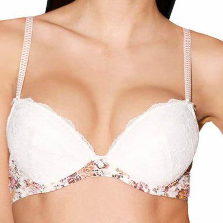 london-underwear-notting-hill-Aubade Fleur Push up Bra  has beautiful lace cups with contrasting floral trim, accented with pretty ribbon bow and gem. Plunging neckline enhances the cleavage whilst the removable padding to cups lifts the bust, with the underwire providing exceptional support.